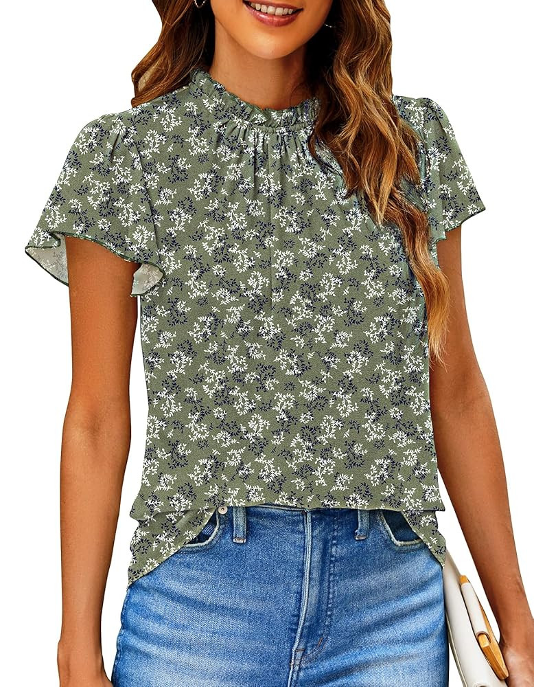 SimpleFun Women Boho Shirts Floral Ruffle Short Sleeve Mock Neck Flowy Casual Summer Blouses Tops | Amazon (US)