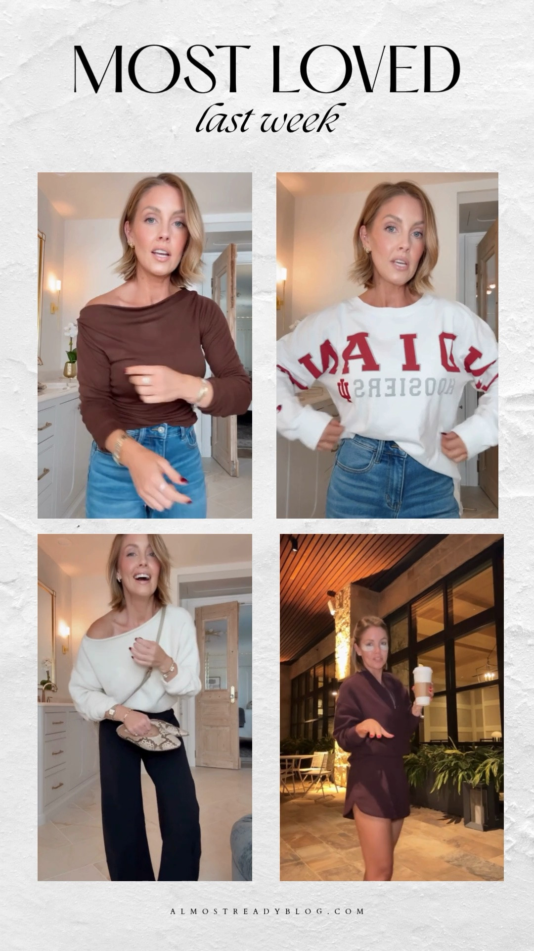 Outfit 1: XS Target top / 24 Amazon jeans
Outfit 2: Wearing the size Small
Outfit 3: XS sweater / 0 Petite pants (linked to the Amazon ones I have two that are pretty much exact!) / flats are true to size
Outfit 4: XS top and bottom in the cutest Walmart set 😍