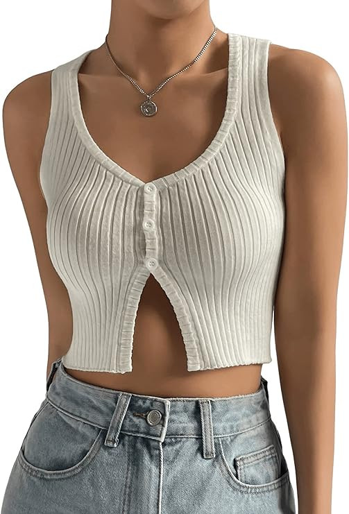 Floerns Women's Button Front Sleeveless Cami Rib Knit Scoop Neck Crop Tank Top | Amazon (US)