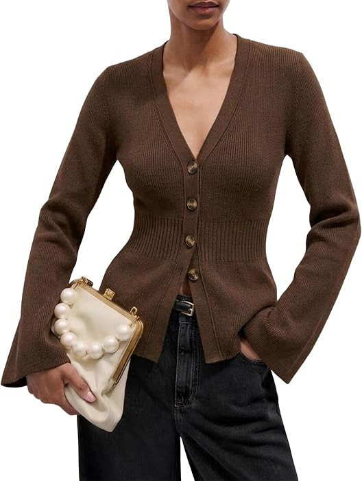 ZAFUL Women's V Neck Button Down Ribbed Sweater Cardigan | Amazon (US)