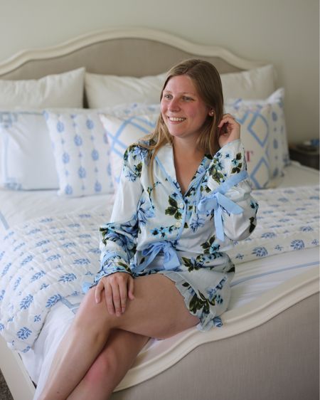 Blue floral contrast bow tie pajamas. The cutest pjs for summer or bride to be! And under $50 right now  