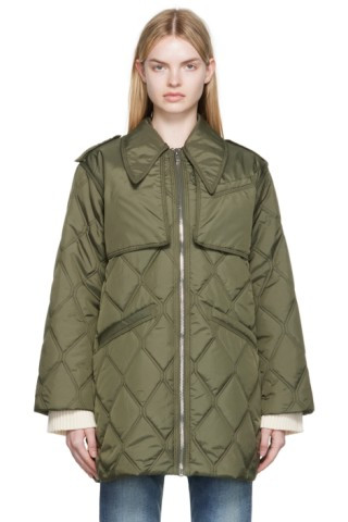 GANNI - Khaki Quilted Jacket | SSENSE