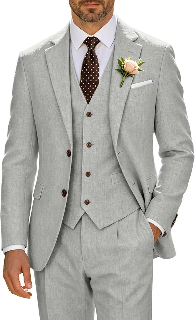 Retro Linen Suit for Men Casual Wedding Suit for Men Slim Fit 3 Pieces Jacket Blazer Vest Pant Gr... | Amazon (US)