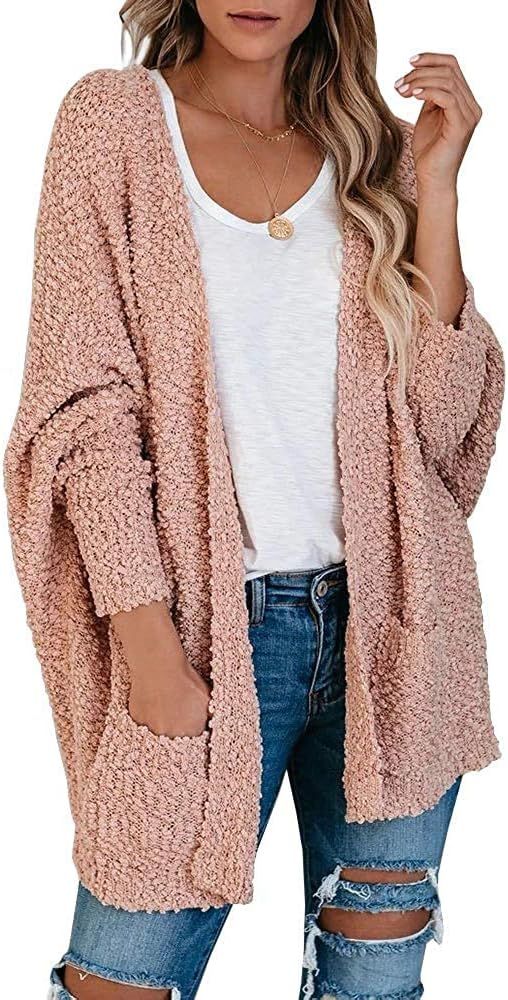 Womens Open Front Fuzzy Popcorn Cardigan Oversized Chunky Knit Warm Sweaters Batwing Long Sleeve ... | Amazon (US)