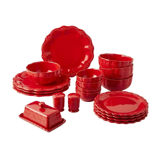 The Pioneer Woman 20-Piece Ceramic Toni Dinnerware Set, Red | Walmart (US)
