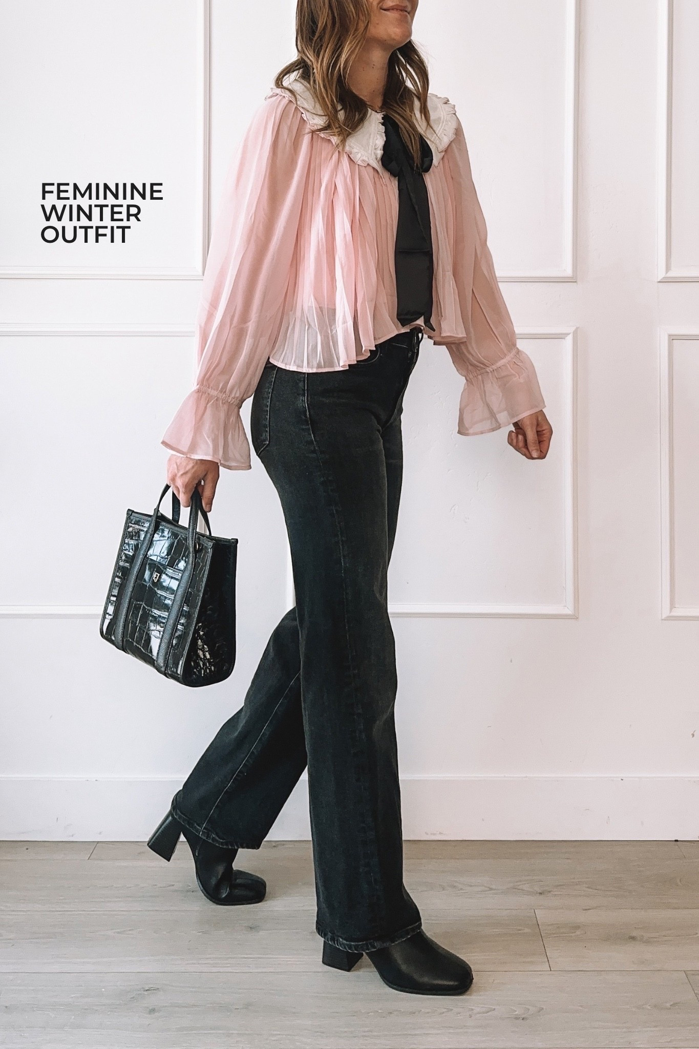 Feminine winter outfit ✨ Soft pink blouse, black denim and classic black boots — the perfect dressy-casual look for dinners, date nights, or winter events. Linking everything I’m wearing + similar options too!

#LTKTall #LTKootd #LTKgrwm