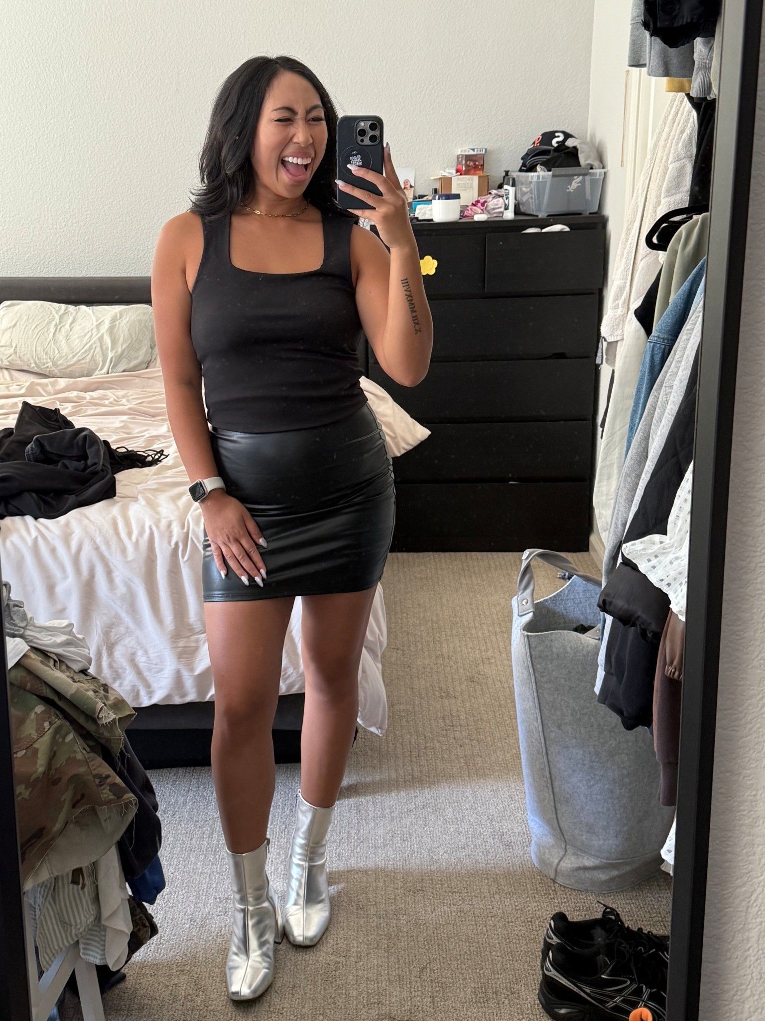 Excuse the mess, NOT the outfit❤️‍🔥

The chrome boots are necessary for a show in the city🩶

#LTKFindsUnder50 #LTKShoeCrush #LTKStyleTip