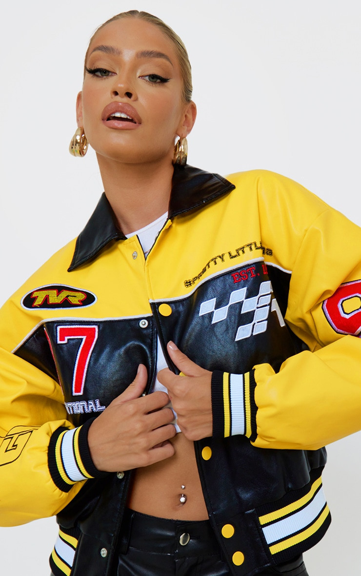 PRETTYLITTLETHING Yellow Faux Leather Motocross Racer Bomber Jacket | PrettyLittleThing US