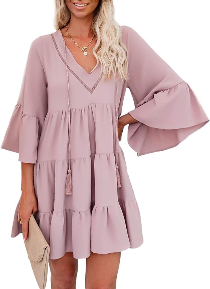 Women Casual V Neck Bell Sleeve Ruffle Tiered Pleated Loose Mini Swing Shift Dresses(S-XL) | Amazon (US)