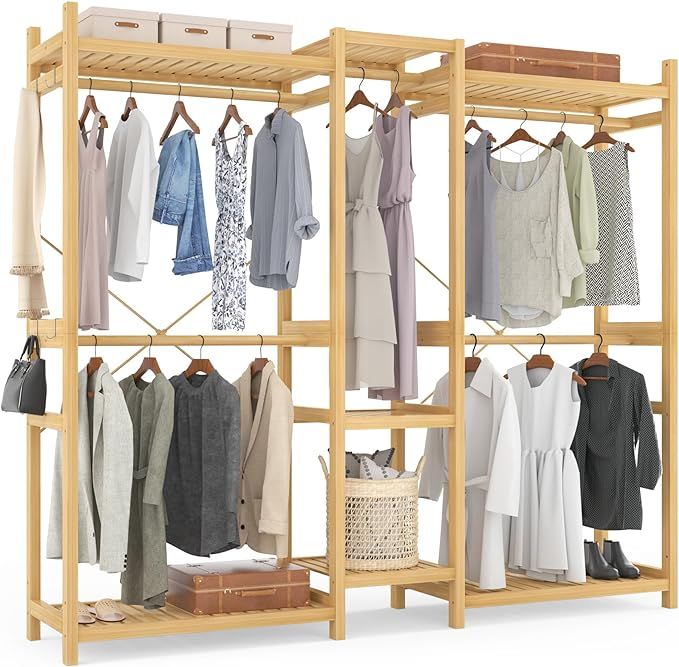 Homykic Large Bamboo Closet System Clothes Rack, Garment Rakc with 5 Hanging Rods, 7 Open Shelves... | Amazon (US)
