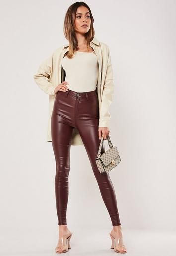 Missguided - Petite Burgundy Vice Coated Denim Skinny Jeans | Missguided (US & CA)