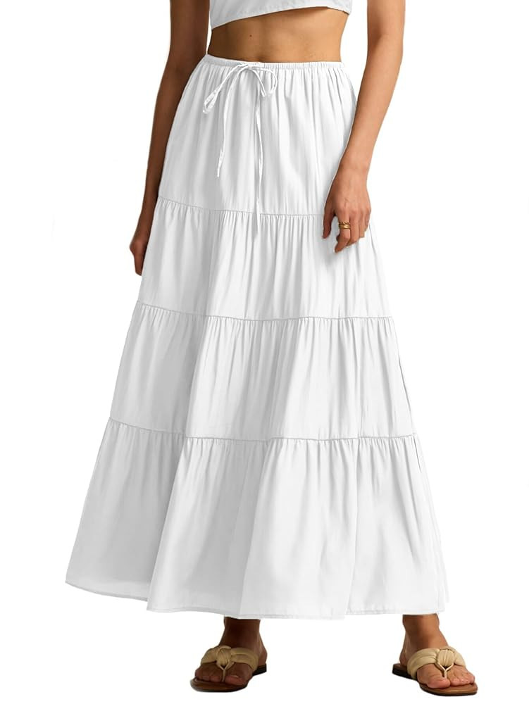 Maxi Skirts for Women Tiered Long Skirts Pleated A Line Adjustable Elastic Waist with Drawstring ... | Amazon (US)