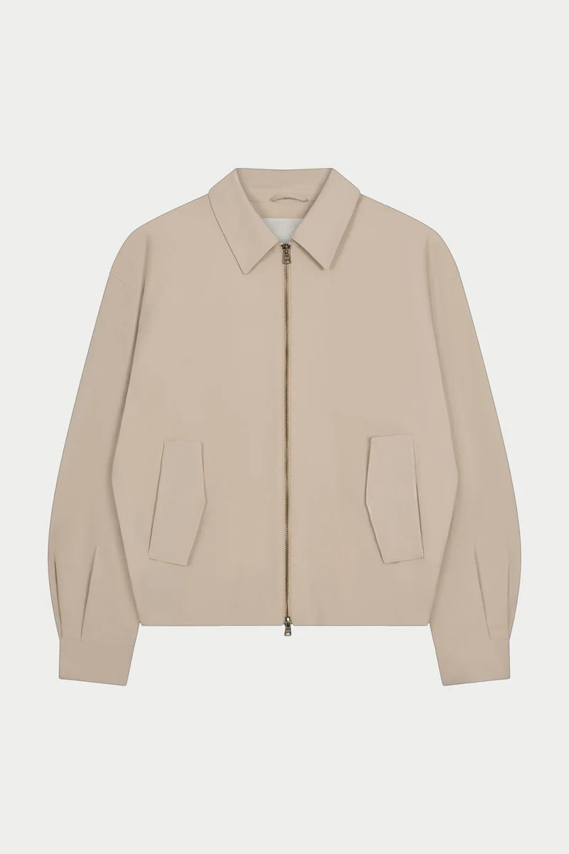 RUCHED HARRINGTON JACKET - BEIGE | The Couture Club