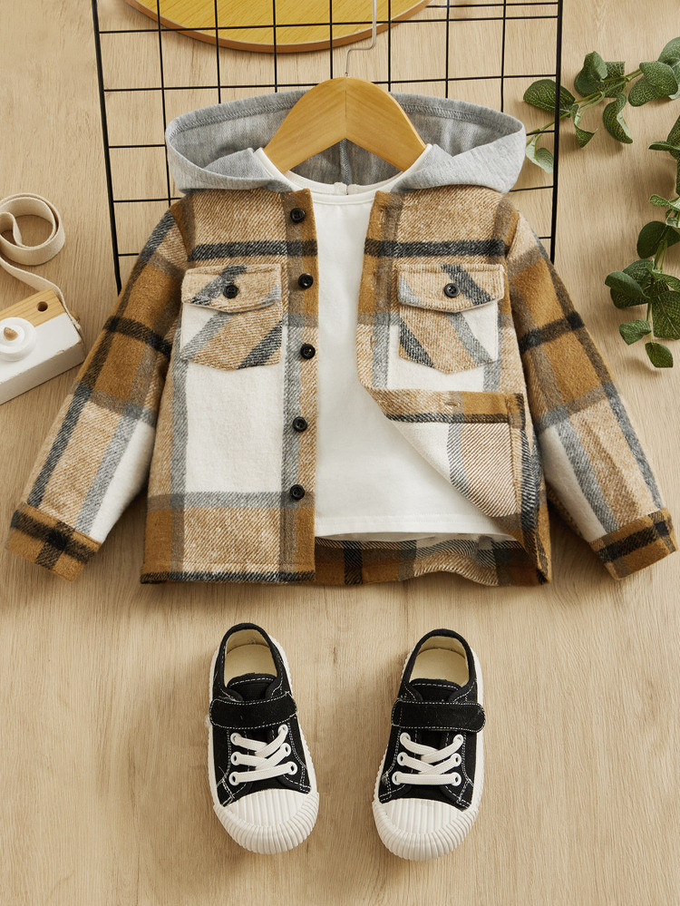SHEIN Baby 1pc Plaid Flap Pocket Hooded Coat | SHEIN