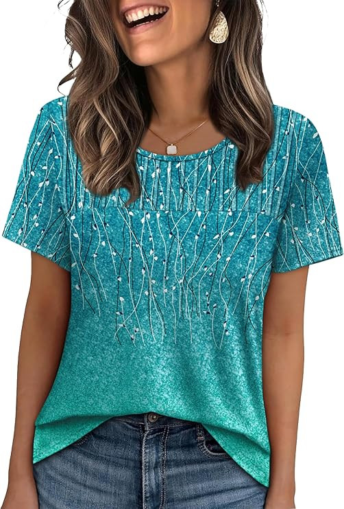 OFEEFAN Women's Clothing Trendy Short Sleeve Summer Tops Dressy Casual Crewneck T Shirts Plus Siz... | Amazon (US)
