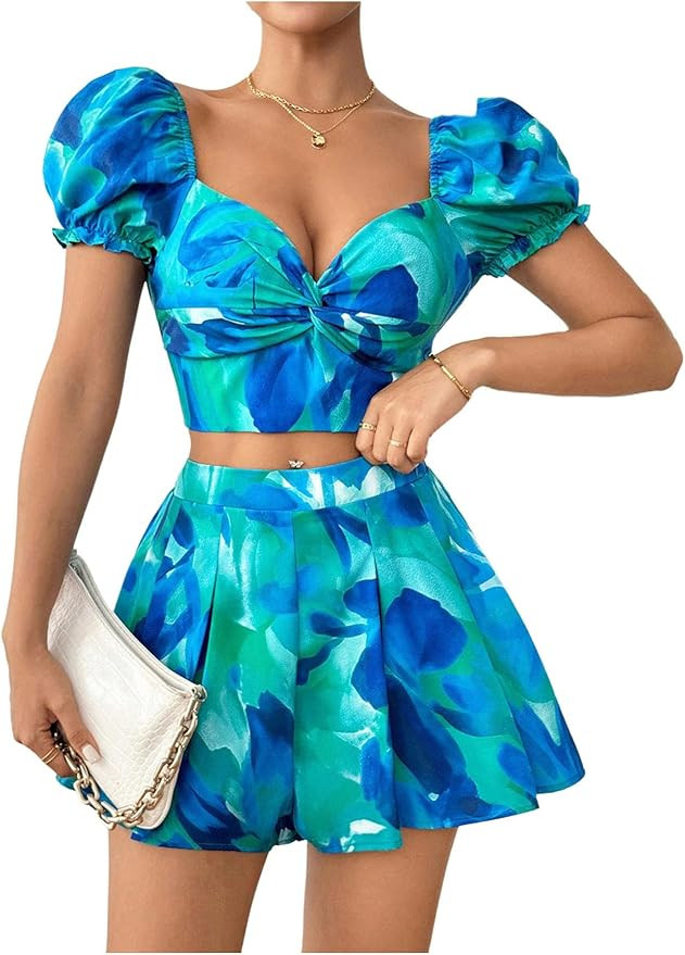 Milumia Women's Boho 2 Piece Outfit Floral Print Sweetheart Neck Puff Sleeve Crop Top Skirt Set | Amazon (US)