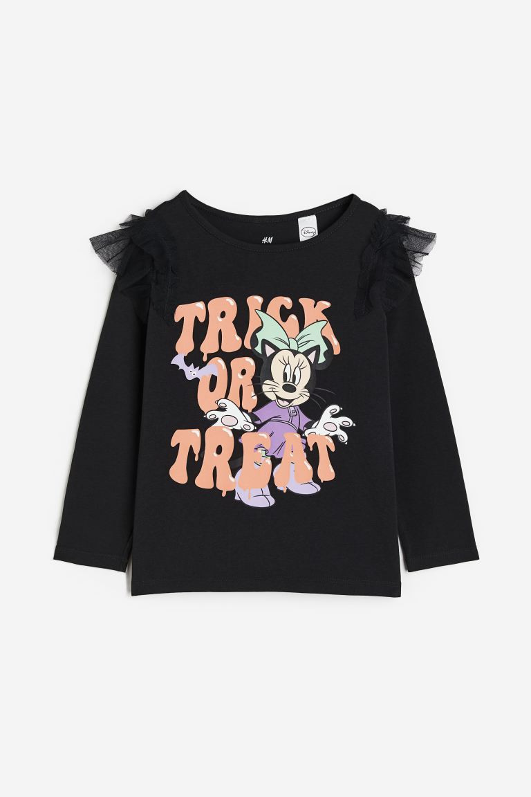 Ruffle-trimmed Printed Top - Round Neck - Long sleeve - Black/Minnie Mouse - Kids | H&M US | H&M (US + CA)