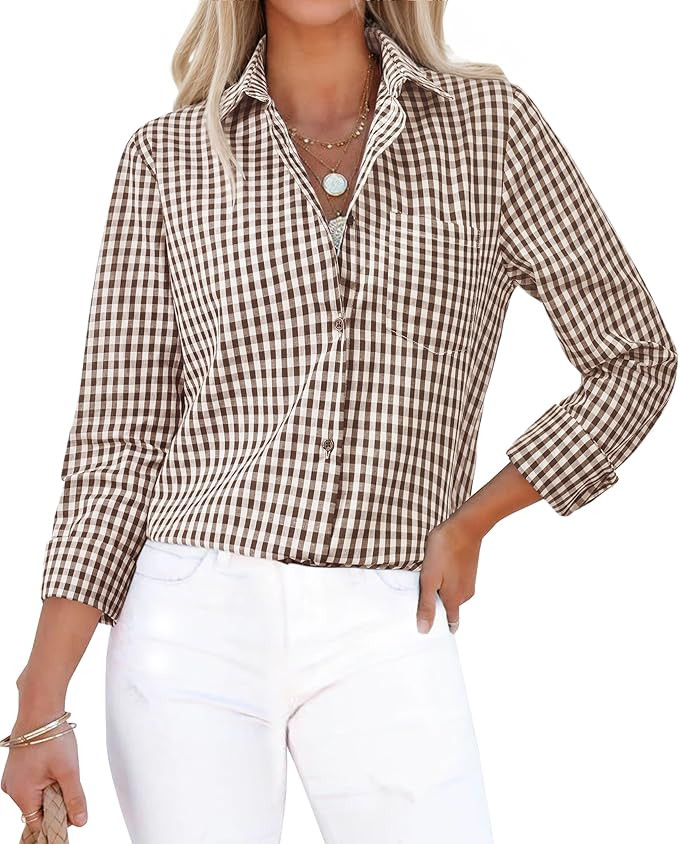 siliteelon Button Down Shirts for Women Gingham Top Plaid Long Sleeve Dress Shirts Cotton Fitted ... | Amazon (US)