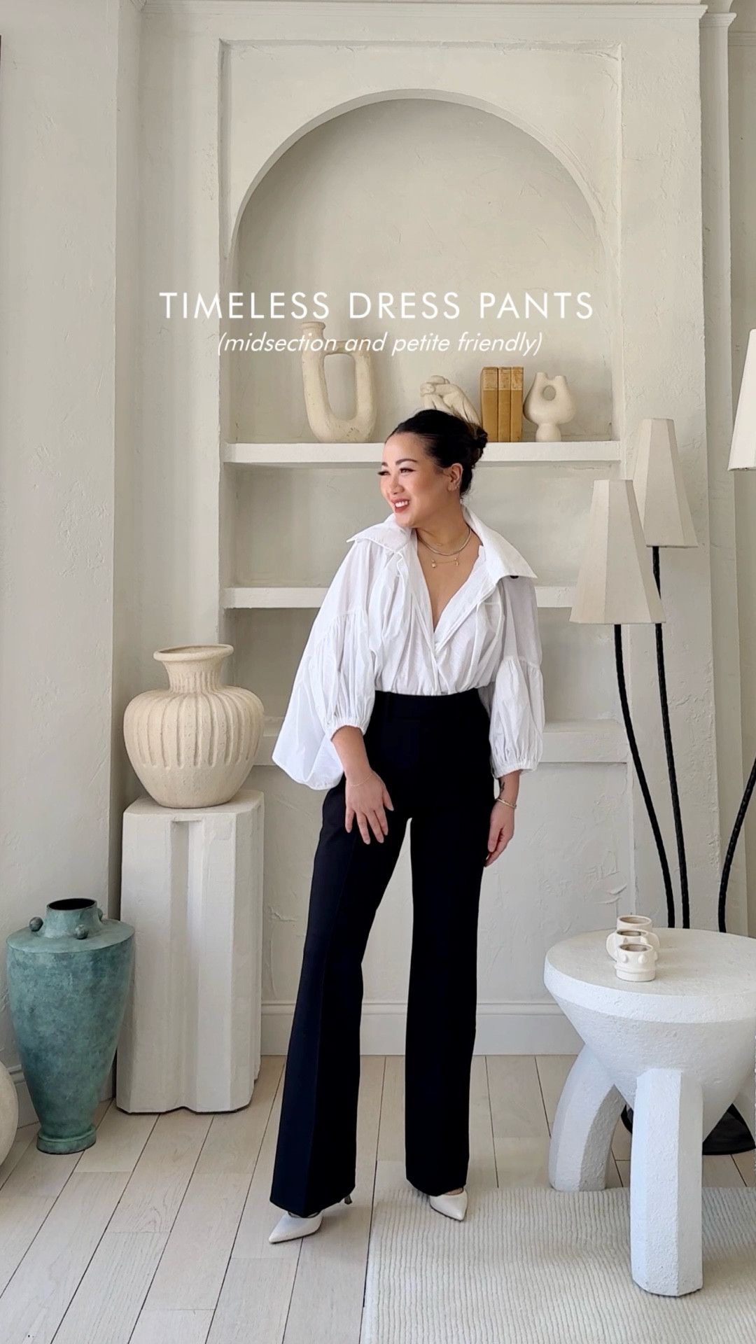 Under $45 - Affordable flattering dress pants! Midsection and petite friendly as well 💯 The stretch and comfort of yoga pants coupled with a timeless classic silhouette. The material is substantial (not thin at all), it’s wrinkle resistant (travel friendly) and works great dressed up or down. 

For size reference, I’m 5 ft 115 pounds and wearing an XS, inseam 30”. Linking the same pants in a few colors - black, brown and navy.
