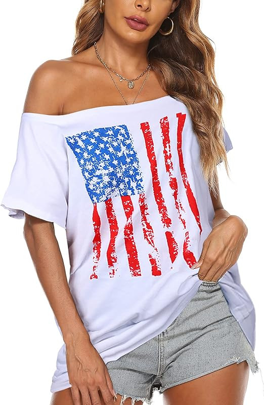 Women American Flag Off Shoulder T Shirt Fourth of July America Patriotic Tee Shirt USA Stars Str... | Amazon (US)
