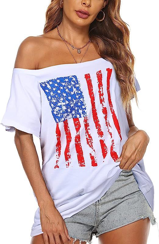 Women American Flag Off Shoulder T Shirt Fourth of July America Patriotic Tee Shirt USA Stars Str... | Amazon (US)