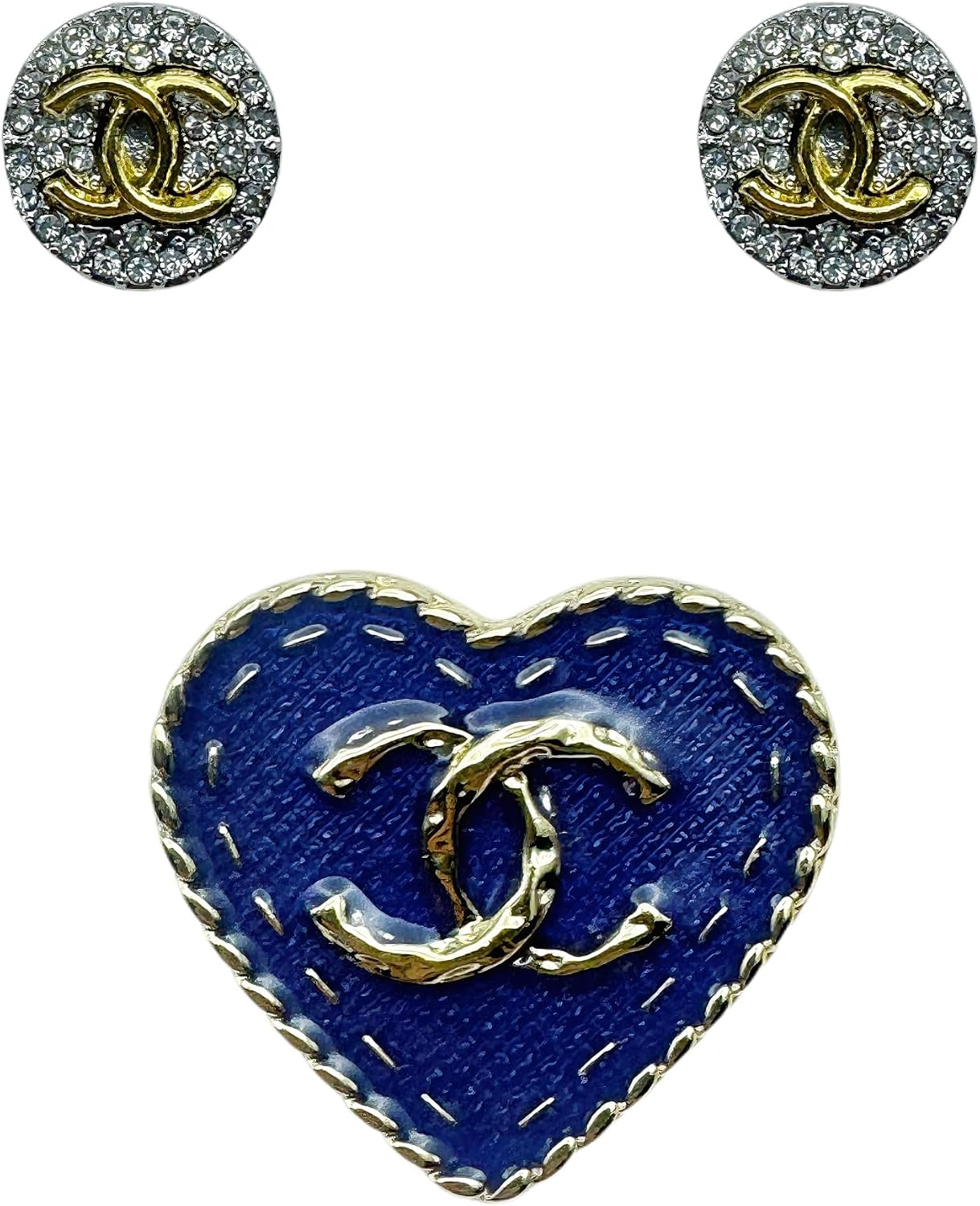 HILACE Heart Brooch and Round Crystal Stud Earrings Jewelry Set, Gold Blue | Amazon (US)