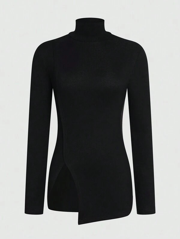 SHEIN LUNE Mock Neck Split Hem Wrap Tee | SHEIN