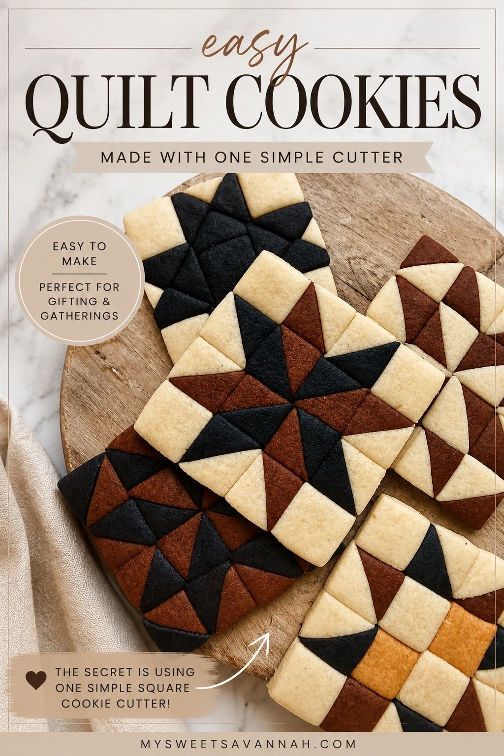 Easy Quilt Cookies with a Simple Square Cookie Cutter

These quilt cookies are much easier to make than they look. The secret is using one simple square cookie cutter to create all of the pieces, then arranging them into classic quilt block patterns before baking. I used neutral shades of ivory, black, and warm brown for a modern, cozy look that’s perfect for fall gatherings, gifting, or holiday baking. Linking the exact square cutter I used to make these come together so easily.

#LTKHome #LTKSeasonal #LTKfoodie