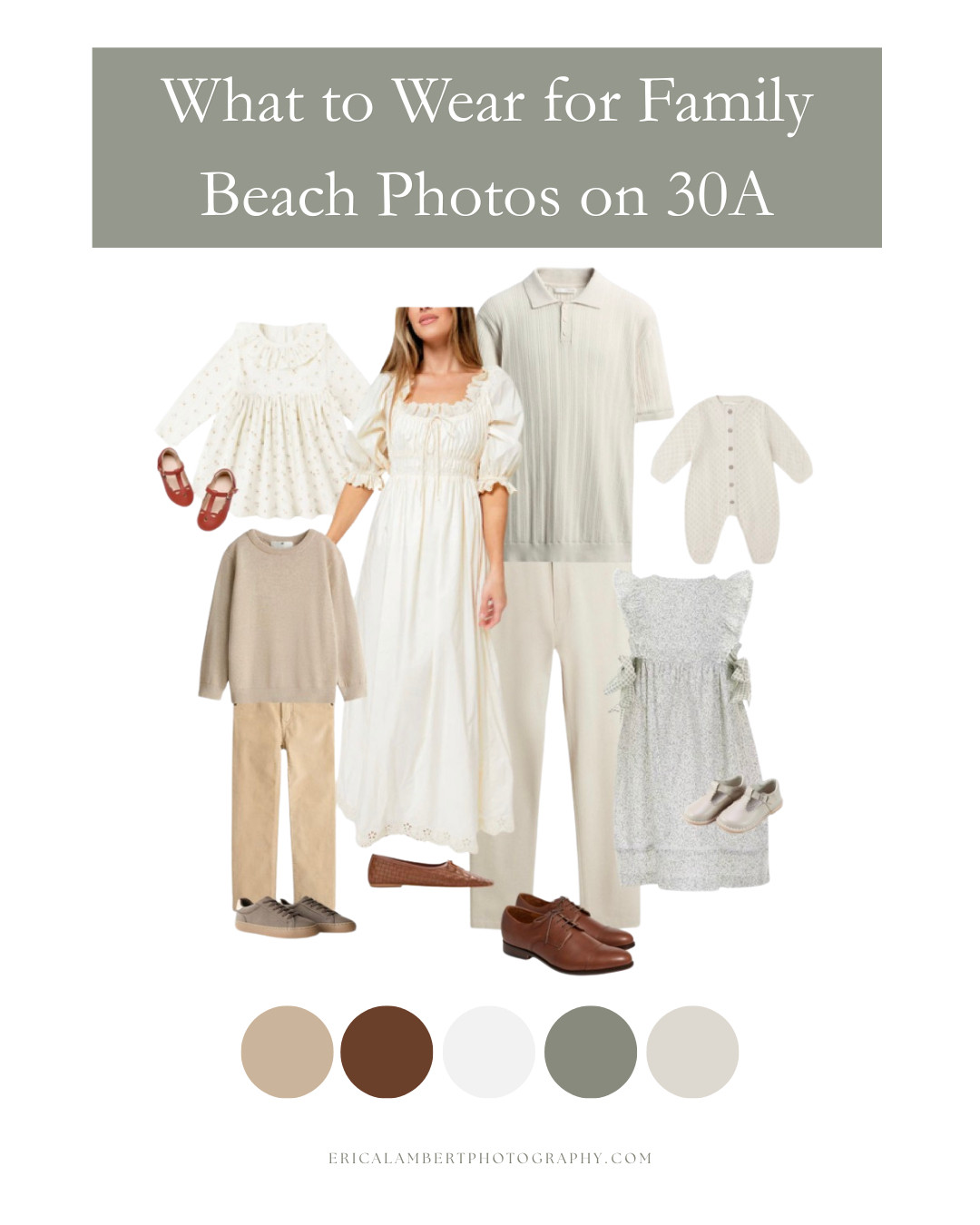 Planning family beach photos on 30A and wondering what to wear? Neutral coastal tones photograph beautifully on the beach and create timeless family portraits. I always recommend soft creams, sandy beige, warm browns, and muted sage greens for a relaxed coastal look that complements the natural colors of the Gulf.

For family beach photos, start with mom’s dress and build the rest of the outfits around it using coordinating tones instead of perfectly matching outfits. Light linen fabrics, flowy dresses, textured knits, and soft neutrals photograph beautifully during sunset sessions on the beach.

This outfit combination is perfect for family beach photos on 30A, whether you are visiting Rosemary Beach, Alys Beach, Seaside, WaterColor, or Inlet Beach.

Coordinated neutral outfits help keep the focus on connection, movement, and those candid in between moments that make beach photos feel natural and timeless.

Shop these pieces and similar styles here to create a soft coastal color palette that photographs beautifully on the beach.

#30A #FamilyBeachPhotos #WhatToWearForFamilyPhotos #BeachPhotoOutfits #FamilyPhotoOutfits #30APhotographer #CoastalStyle #NeutralOutfits #BeachVacationStyle #FamilyPhotoInspiration 

 