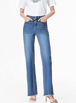 Sidefeel Women's Wide Leg Jeans High Waisted Stretchy Raw Hem Zimbaplatinum Denim Pants | Amazon (US)