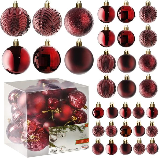 Prextex 36pc Shatterproof Christmas Ball Ornaments - Red, 6 Styles in 3 Sizes, with Hanging Loops... | Amazon (US)