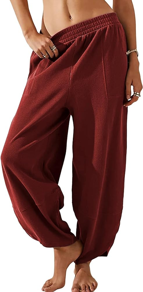 Himosyber Women Cotton Pants Wide Leg Pants Casual Loose Drawstring Low Waist Beach Palazzo Harem... | Amazon (US)