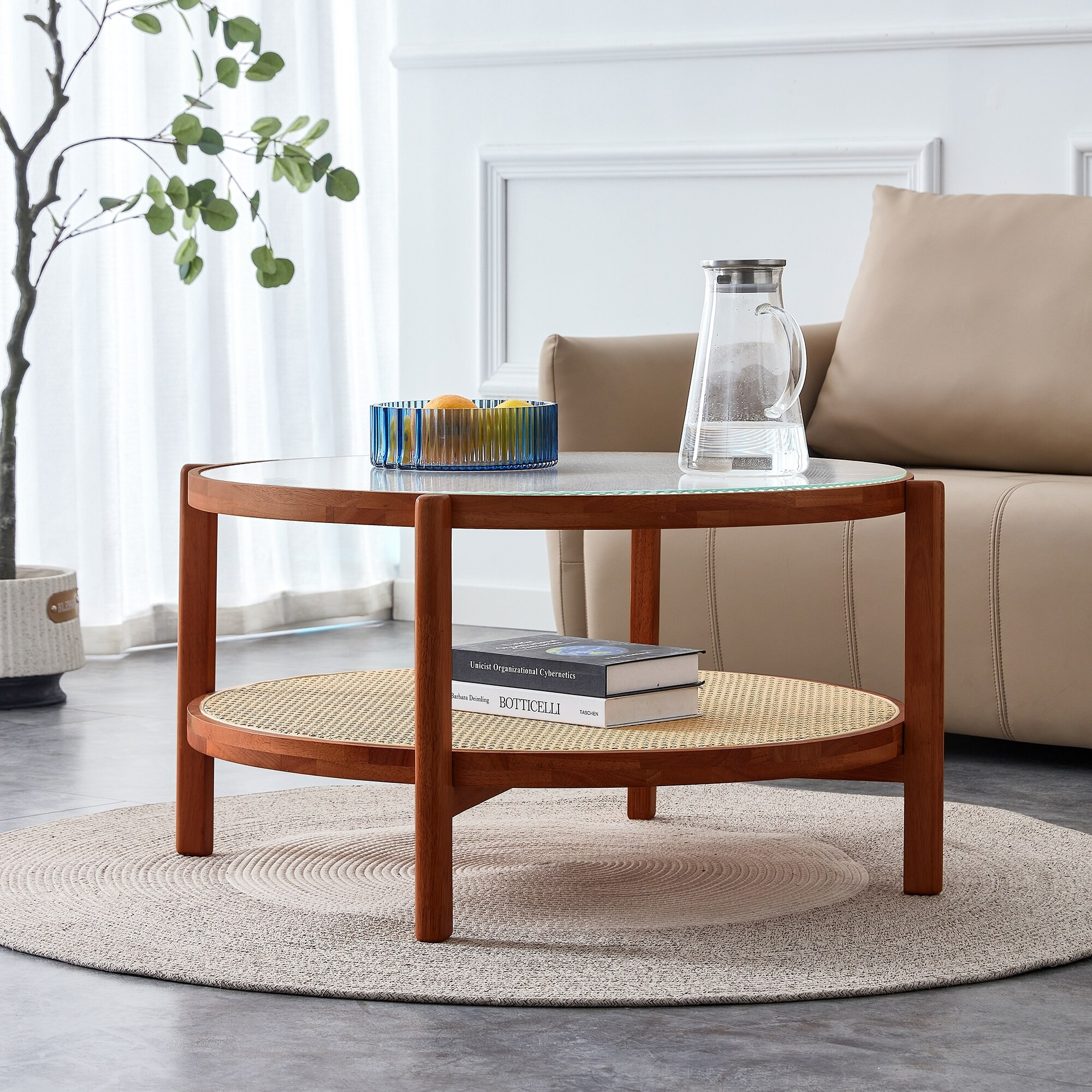 Rattan Woven Tea Table with Glass Desktop, Simple Round 2-Layer Side Table Coffee Table Unique Center Table | Bed Bath & Beyond