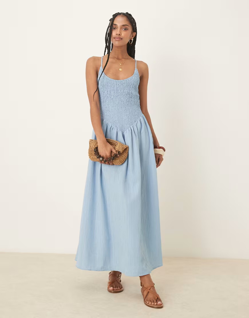 ASOS DESIGN scoop neck crinkle maxi dress with cross back in steel blue | ASOS (Global)