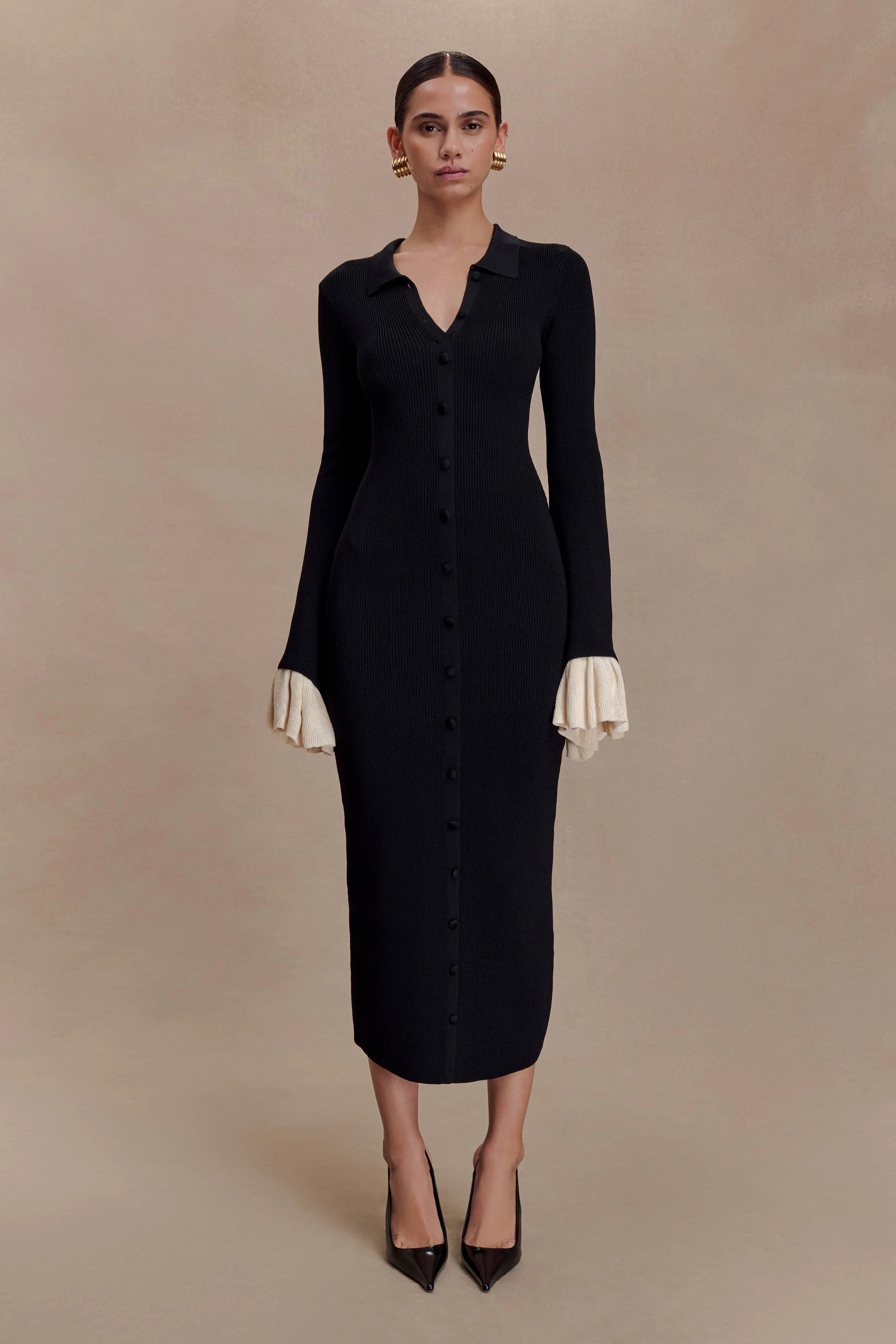 Amirose Ruffle Knit Midi Dress - Black | MESHKI US