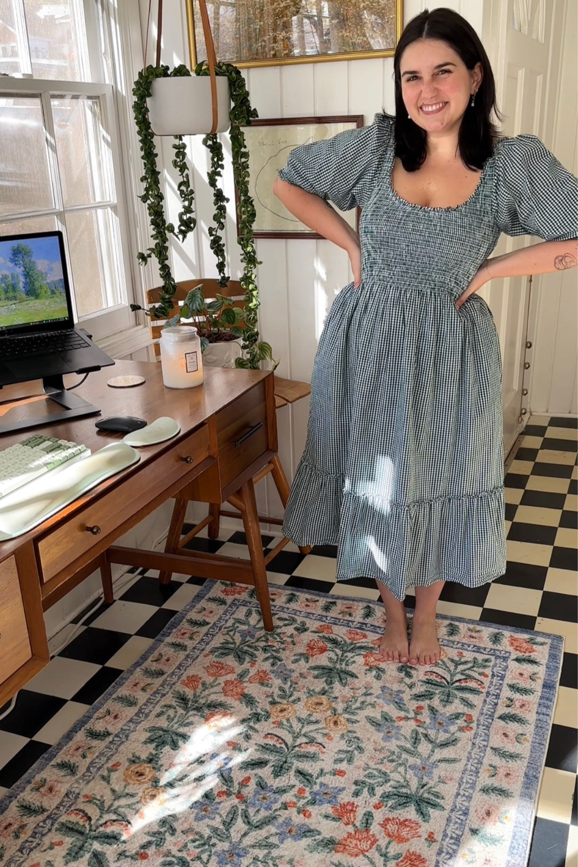 Rug, furniture, and outfit!