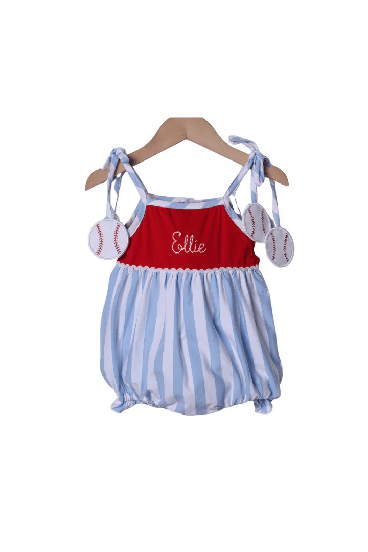 Applique Baseball Blue Stripe Bubble | The Smocked Flamingo