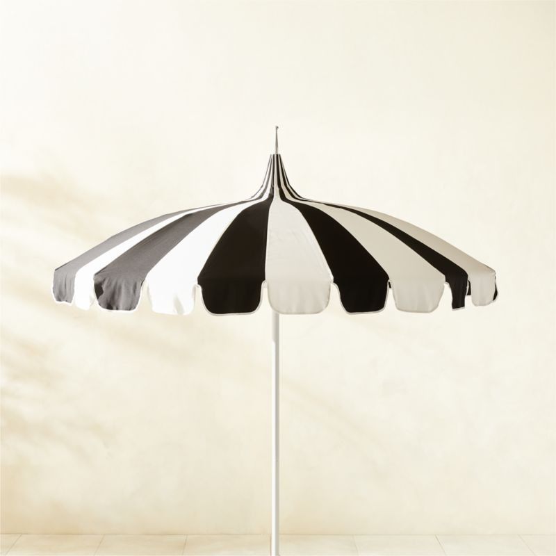Pagoda Round Black & Natural White Stripe Outdoor Umbrella with White Pole | CB2 | CB2