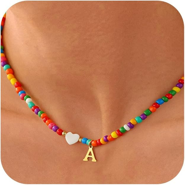 Valentines Day Gifts for Kids Women Girls - Colorful Beaded Initial Necklace Teen Girls Trendy St... | Amazon (US)