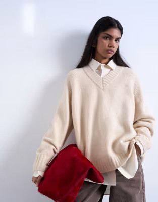Topshop knit clean v-neck sweater in oat | ASOS (Global)