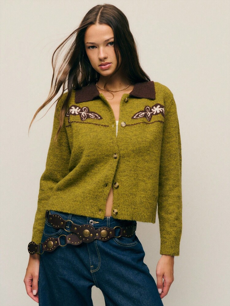 Nöista Retro-Inspired Green Knit Cardigan With Contrast Brown Collar And Floral Embroidery. Button-Down With Western Yoke Detail For Cozy Layering; Perfect For Fall And Winter Casual Days, Countryside Outings, And Relaxed Going Out. | SHEIN