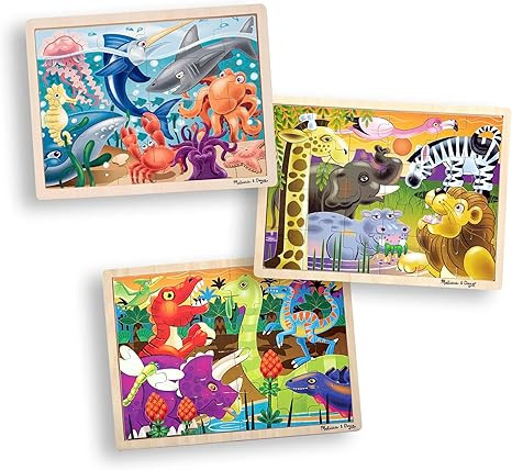 Melissa & Doug 3-Puzzle Jigsaw Set - Dinosaurs, Ocean, and Safari - Toddler Jigsaw Puzzles, Sea C... | Amazon (US)