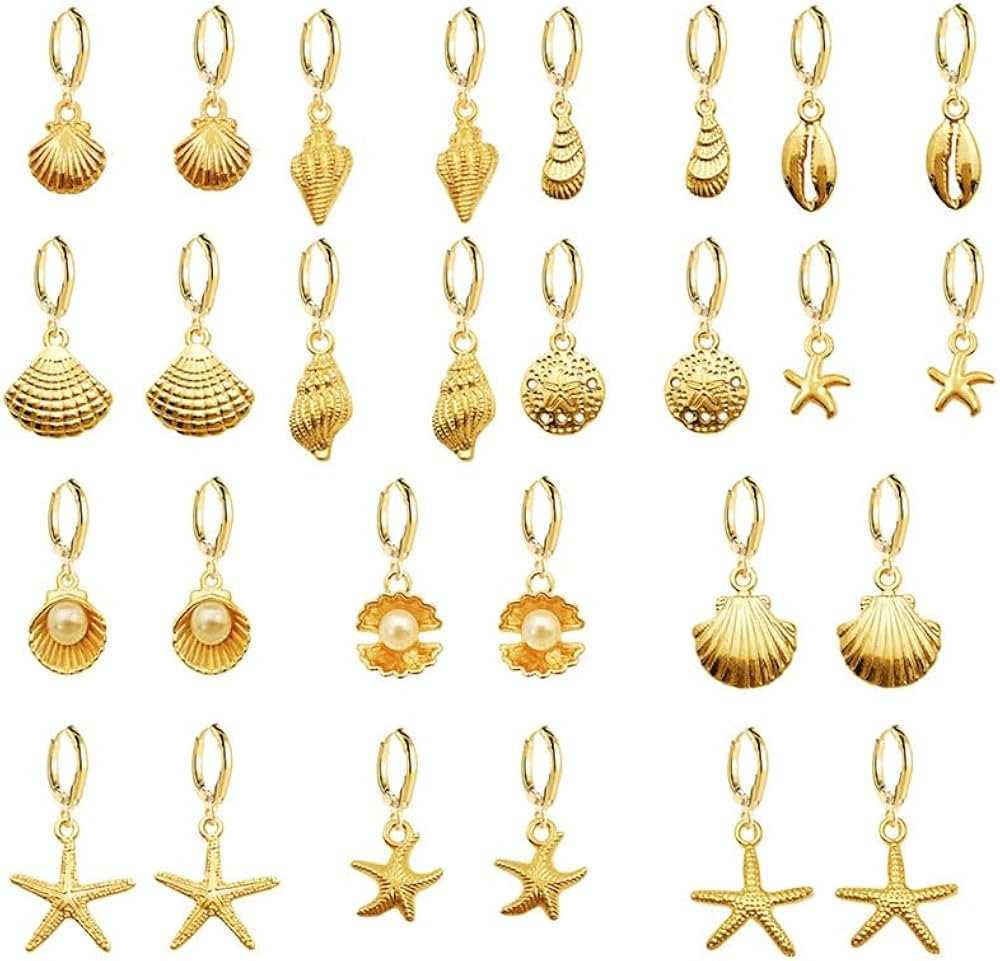 14 Pairs Boho Seashell Conch Earrings Set for Women Gold Plated Charm Starfish Cowrie Shell Pearl... | Amazon (US)
