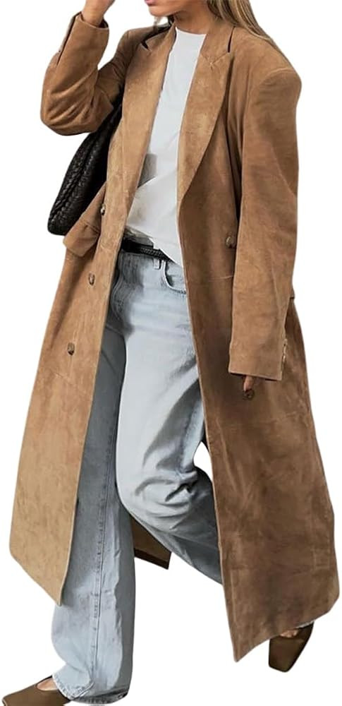 Mywinway Suede Trench Coat Women 2024 Fall Winter Y2k Casual Long Faux Leather Pea Coat Dress Jac... | Amazon (US)