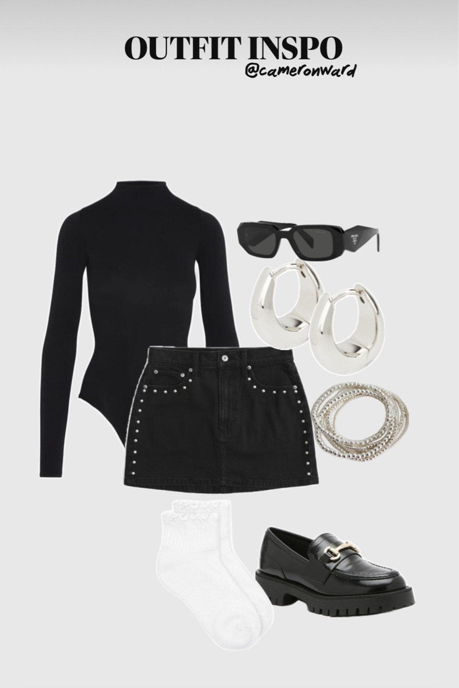 Studded mini skirt, black mini skirt, silver hoops, black sunglasses, black loafers 

#LTKStyleTip #LTKSeasonal #LTKFindsUnder50
