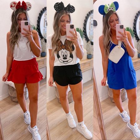 **the white amazon sports bra is what’s under my blue dress // Disney outfits part 2! For spring break and summer. I’m wearing my true small in everything except the red flowy shorts with the ruffle — I sized up one in the shorts!! ‼️🚨the pink tank and white tank are the exact same  - one of my faves. Super lightweight for workouts and Disney and cute side knots!

Spring break
Florida style
Mom OOTD
Disney outfit
Travel outfit
Activewear
Athleisure 
Spring outfits 
Comfy outfits 
#LTKstyletip