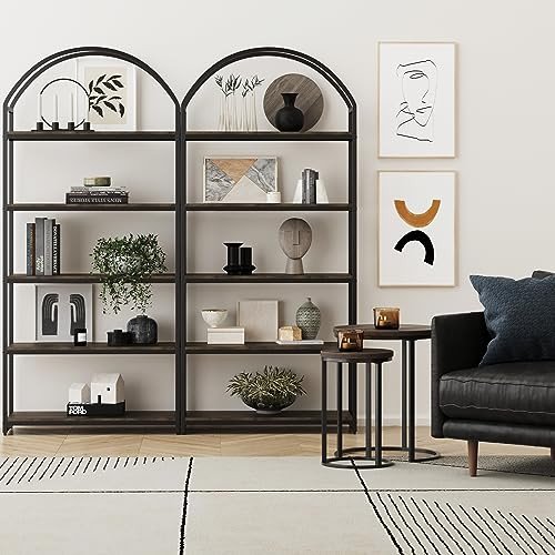 Nathan James Haven Etagere Bookshelf, 5-Shelf Bookcase in Nutmeg Wood and Black Metal Frame with Arch Top and Open Shelves, Nutmeg/Black, Set of 2 | Amazon (US)
