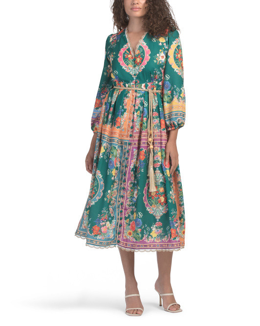 Long Sleeve Floral Midi Dress With Rope Belt | TJ Maxx