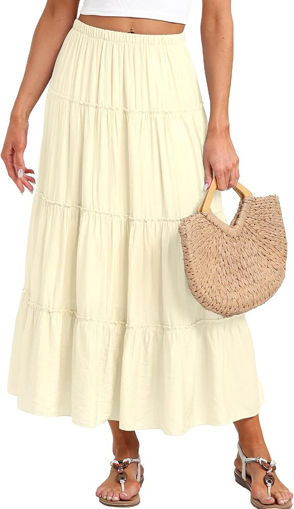 Beaully Long Skirts for Women Boho Elastic Waist Maxi Skirt Flowy Swing Tiered Beach Dress Trendy... | Amazon (US)