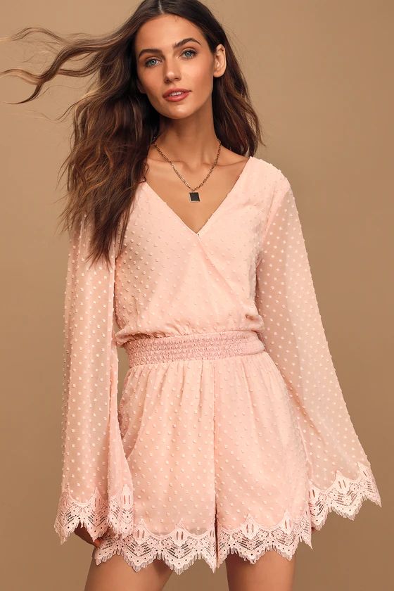 Meadowlake Blush Pink Swiss Dot Lace Bell Sleeve Romper | Lulus